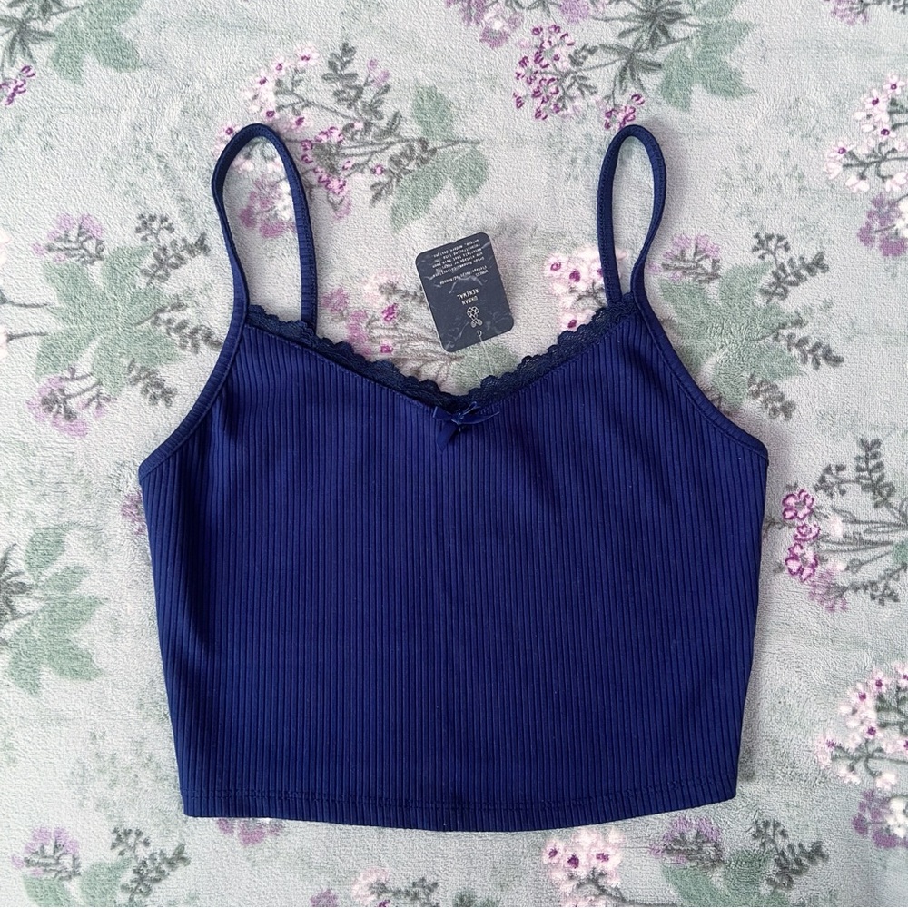 Urban Renewal Navy Ribbed Lace Trim Cami Tank Top